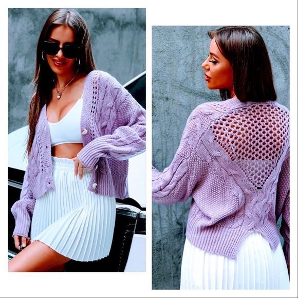 NWT! OPEN KNIT DROP SHOULDER BACK SPLIT DETAIL BUTTON UP CARDIGAN - MAUVE PURPLE - Picture 8 of 12
